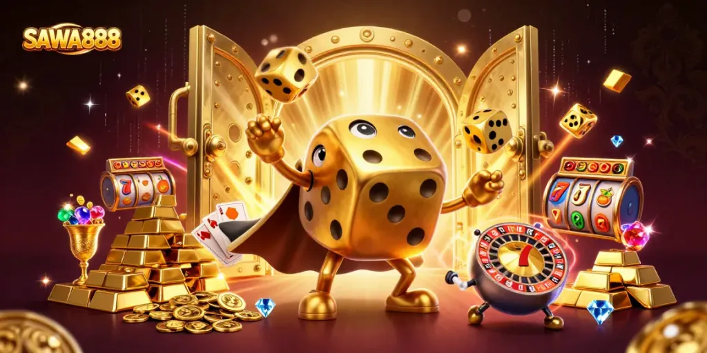 SAWA888 Casino scene featuring a golden dice golem and treasures amidst dynamic slot elements.