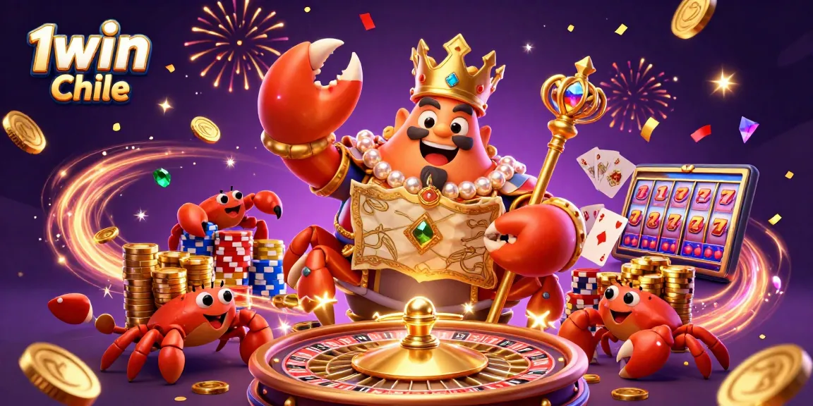 1win Chile te ofrece una divertida experiencia de juego con un cangrejo dorado y elementos de casino vibrantes.
