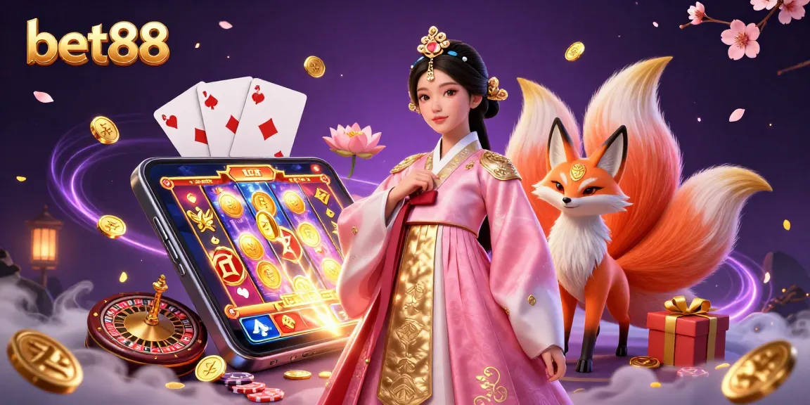Enjoy exciting slot games with bet88 featuring a charming Asian woman, lucky fox, and vibrant casino elements.