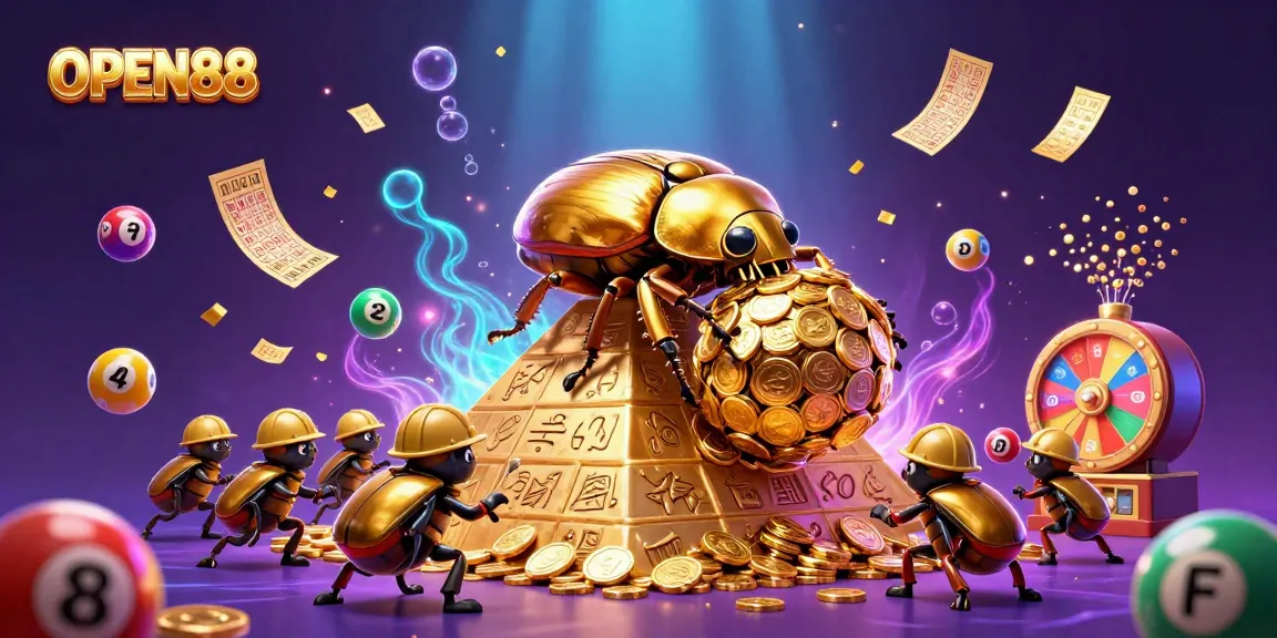 Play dynamic games at OPEN88 with a 3D illustration of a golden dung beetle rolling a coin ball.