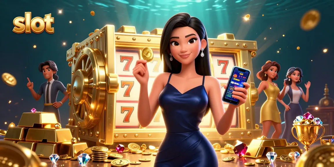 Spin to win in slot games with a confident Asian woman flaunting a golden chip and smartphone.