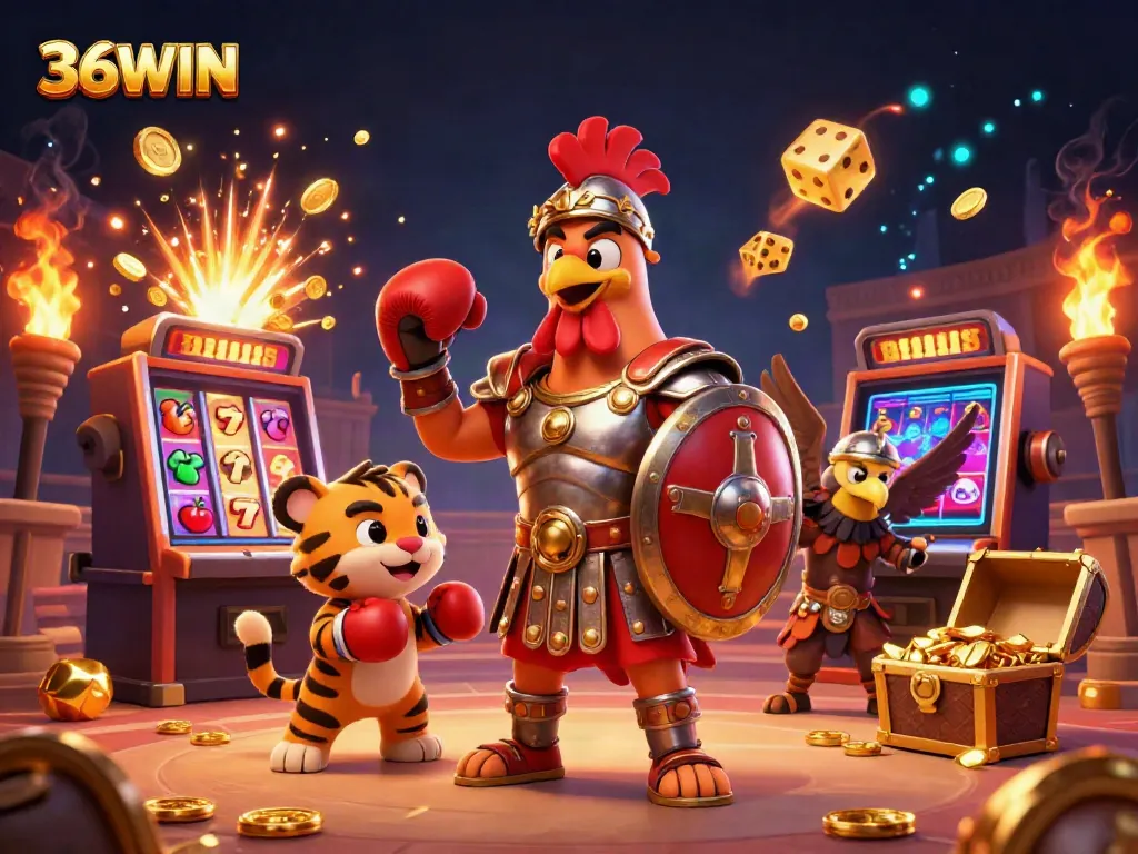 Experience excitement at 36WIN with a dynamic casino illustration featuring vibrant games and characters.