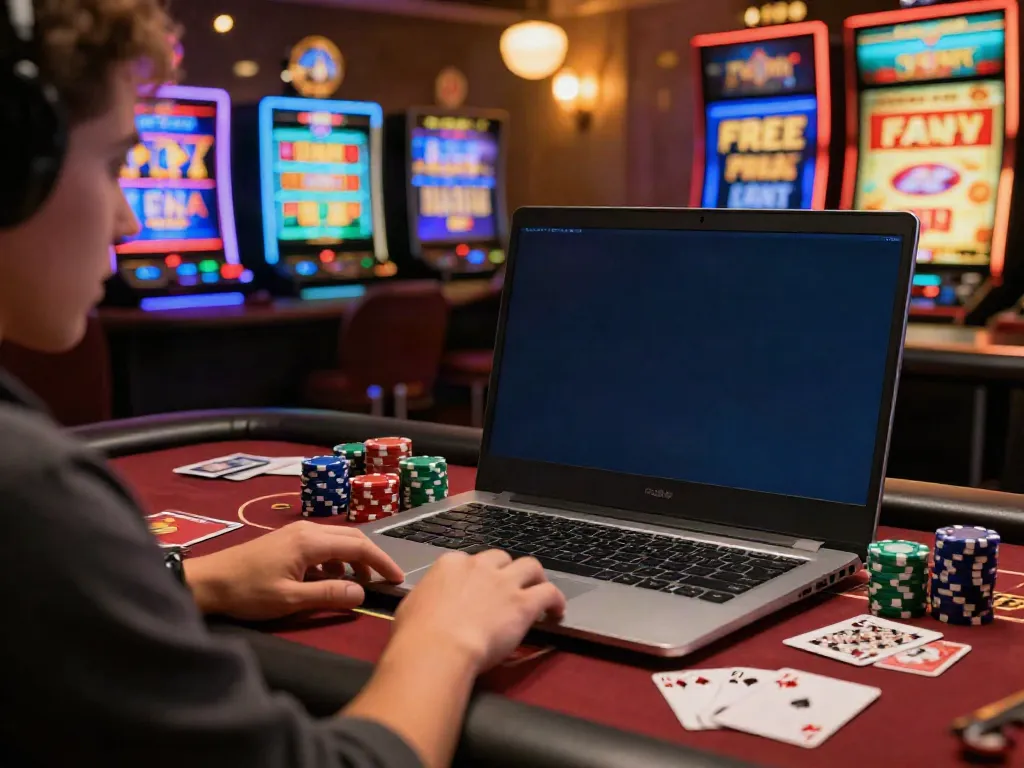 Casino Bonus ohne Einzahlung: Spieler am Laptop mit bunten Spielautomaten und Pokerchips