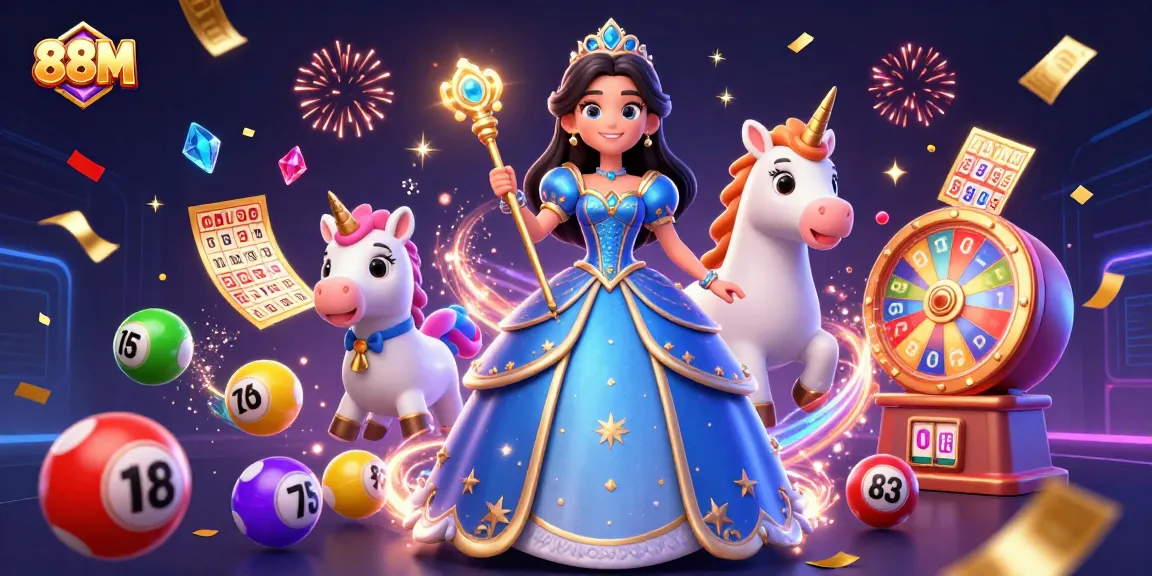 Engage with 88M in a vibrant 3D lottery scene full of dynamic casino elements.