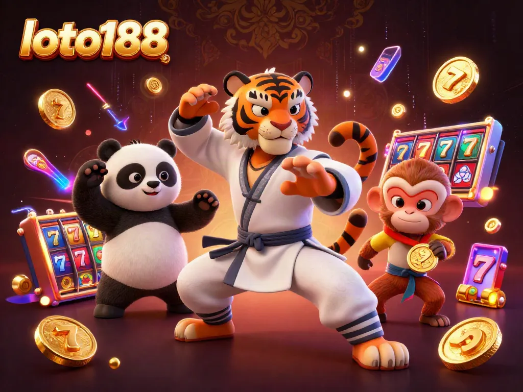 Experience the excitement of loto188 with colorful 3D slot reels and engaging characters in a vibrant casino scene.