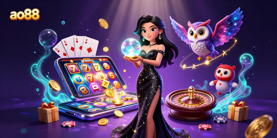 Experience ao88's dynamic slot action with glowing gems, mystical characters, and vibrant casino elements.