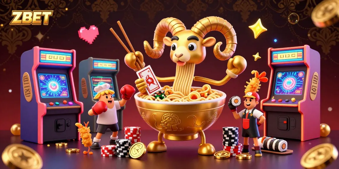 ZBET showcases an engaging casino scene with a vibrant giant ramen bowl dealer, dynamic characters, and colorful game elements.