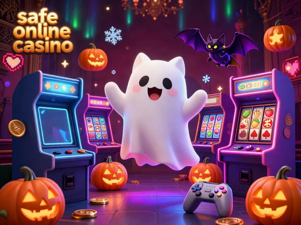 Enjoy thrilling action at a safe online casino with a ghost cat and vampire bat in a vibrant casino scene.