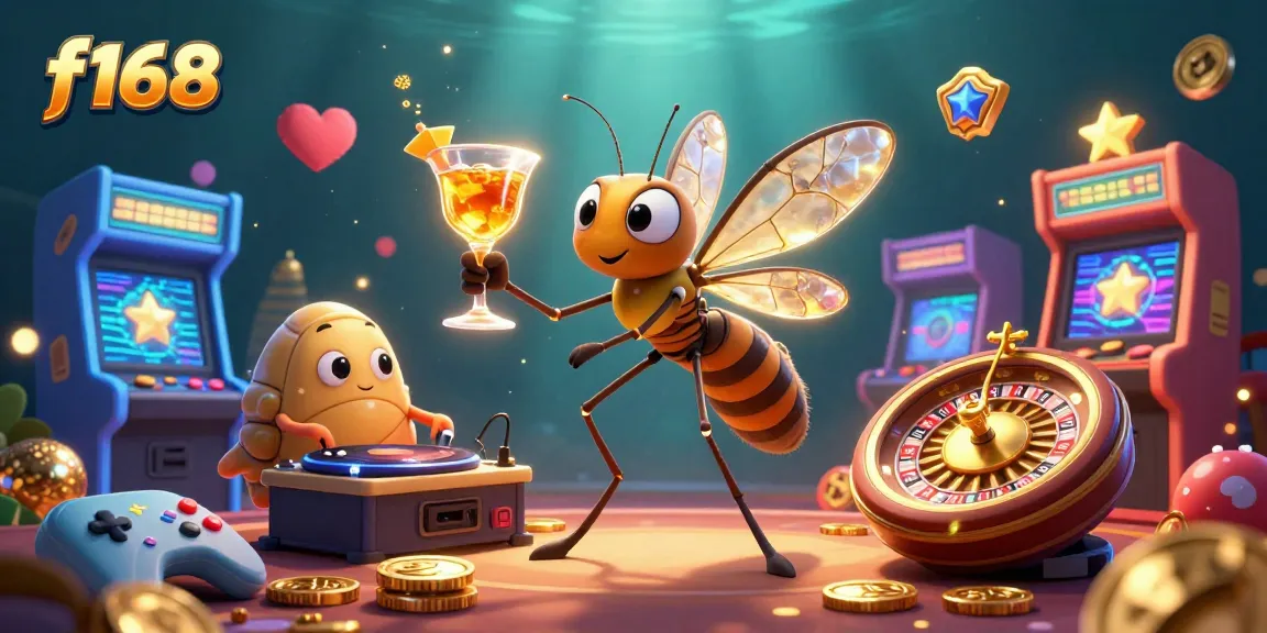 Experience the f168 thrill with a casino mascot in golden ambiance, surrounded by vibrant game elements.