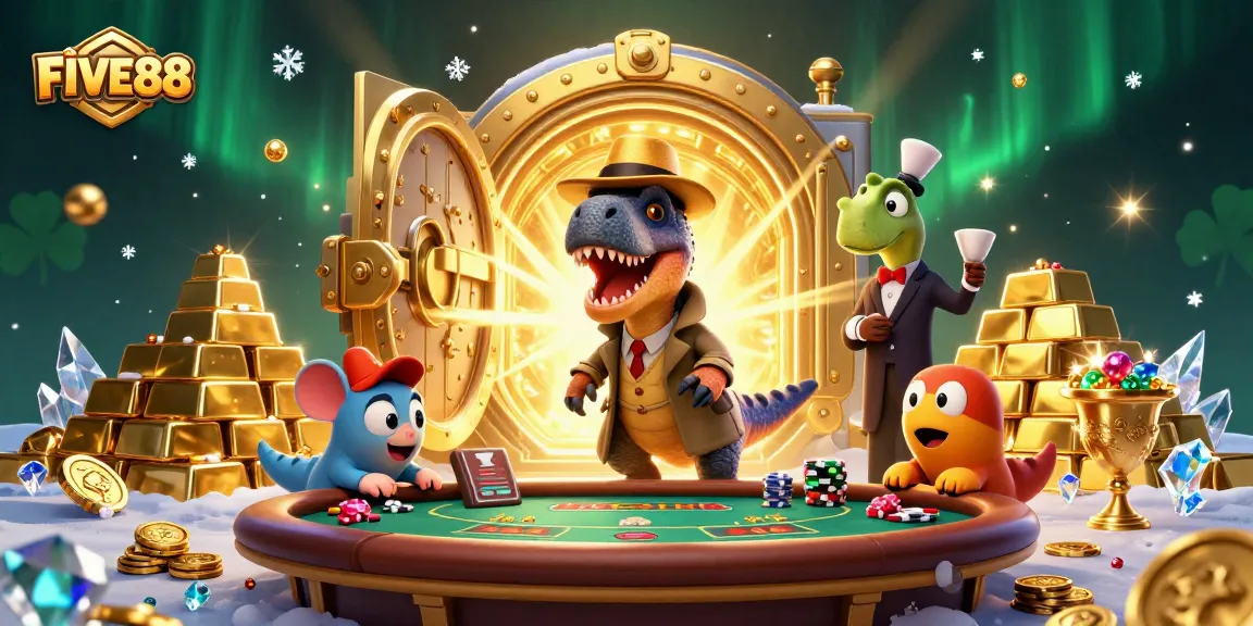 Experience thrilling gaming actions at FIVE88 with animated characters in a vibrant casino scene.