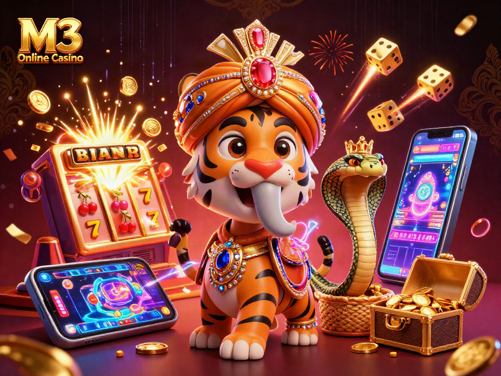 M3 Online Casino features a vibrant 3D scene with an Indian maharaja riding an elephant amidst jackpot celebrations.