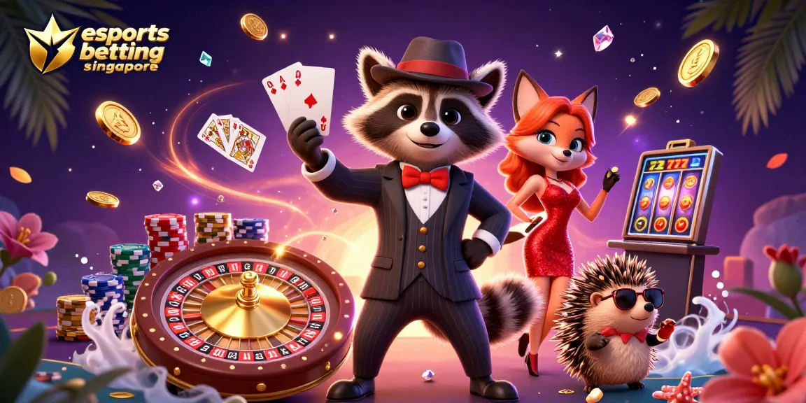 Engage in esports betting Singapore with lively characters enjoying casino elements and rich details.