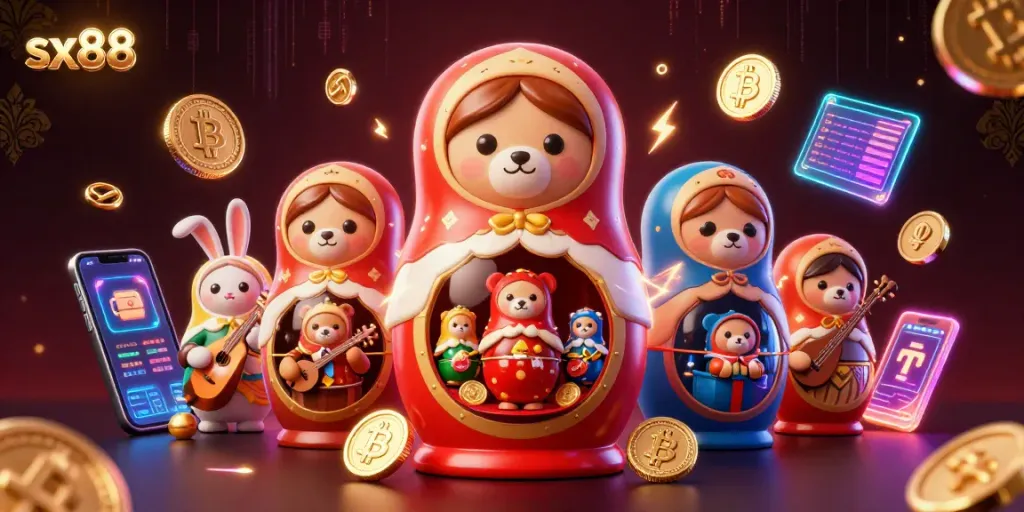 Experience sx88's vibrant energy with playful casino-themed characters and 3D elements.
