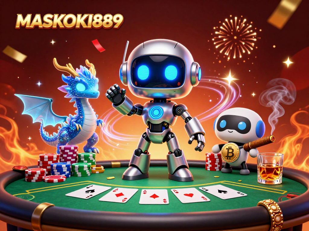 Engage with MASKOKI889 in a vibrant casino scene featuring a poker table and colorful chips.