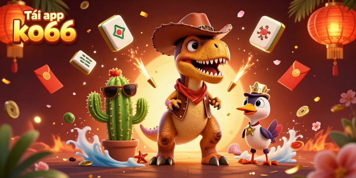 Tải app ko66 with a vibrant 3D scene showcasing a cowboy dinosaur and vibrant casino elements, perfect for gambling.