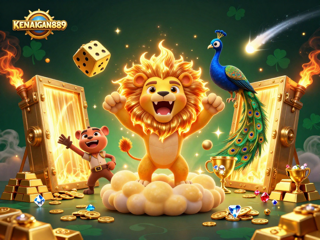 Experience the thrill with KENANGAN889 as the vibrant sun lion roars among dazzling casino treasures.