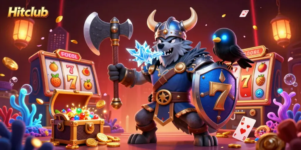 Engage in thrilling gameplay with Hitclub, featuring a Viking wolf warrior in an immersive casino setting.