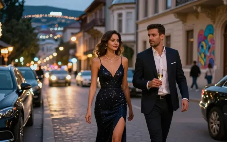 Escort Tbilisi in elegant gown enjoying the vibrant nightlife scene with a client in the city.