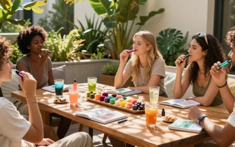 properloud THC vape pens and edibles display in a lively outdoor setting, surrounded by friends enjoying wellness