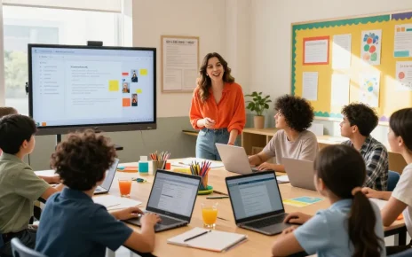 Interactive classroom with teacher using EMStudio, an online teacher planner for efficient lesson planning and classroom management.