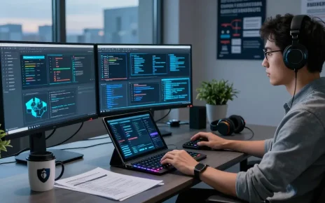 레플리카 사이트의 보안을 분석하는 전문가의 현대적 작업 환경