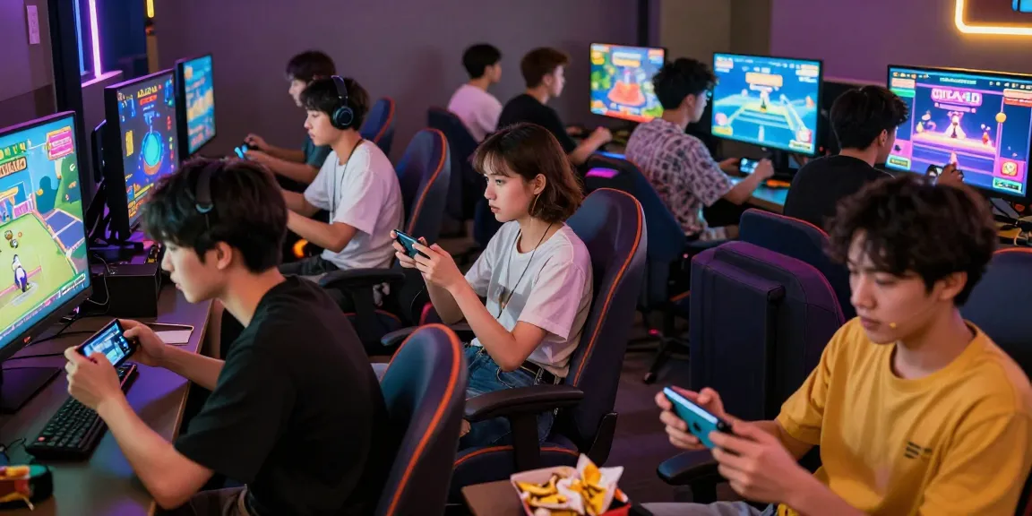 Gamers enjoying CIKA4D platform games in a lively lounge with colorful displays and snacks.