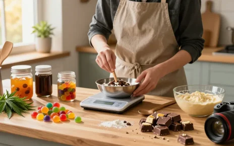 Colorful cannabis edibles preparation showcasing Edibles UK with vibrant gummies and baked goods on wooden counter.