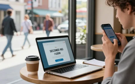 Acheter un deuxième numéro pour rester connecté, jeune professionnel utilisant son smartphone dans un café animé.