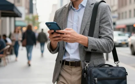 Professional using a Second number app on their smartphone in a bustling city environment, showcasing modern connectivity.