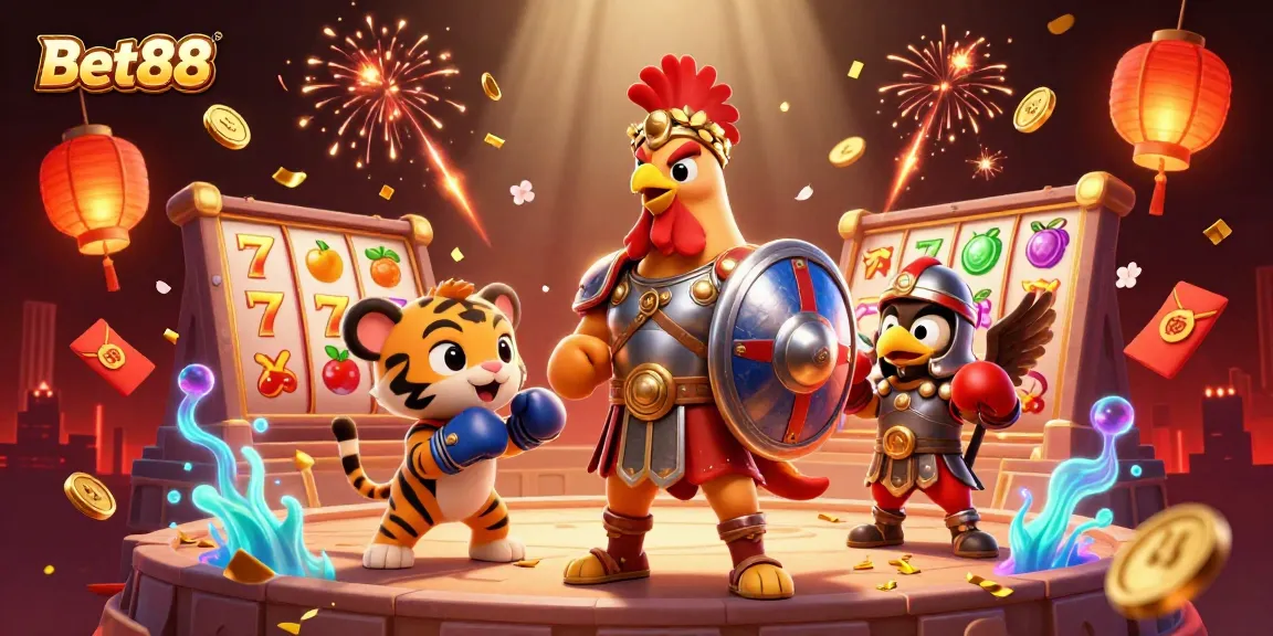 Experience the thrill of Bet88 with vibrant slots, gold coins, and cartoon characters in a dynamic casino scene.