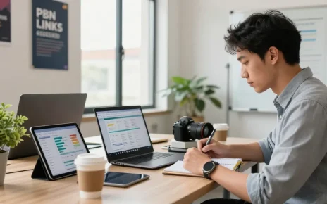Marketing expert analyzing PBN Links strategy in a modern office.