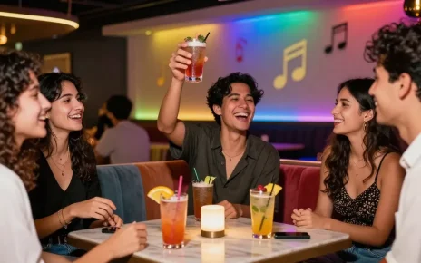 Friends enjoying nightlife at a vibrant bar with rokok88 cocktails, showcasing laughter and urban social culture.