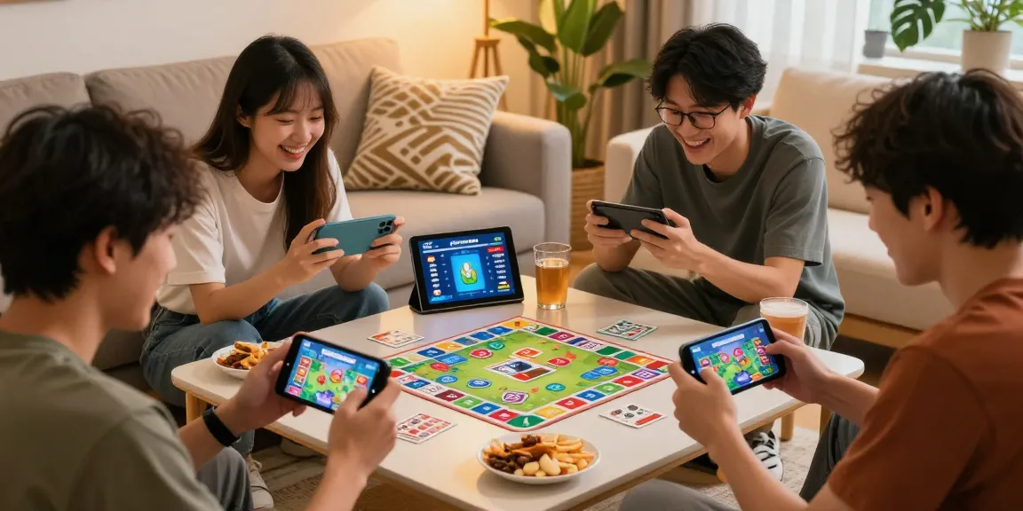 Group of friends enjoying Card Rummy APK with app link on smartphones in cozy living room.