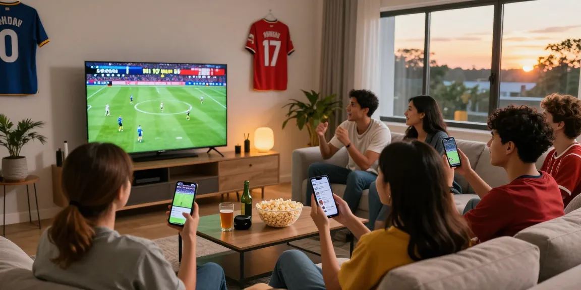 Friends enjoying a live football match at home with ihdsports.com highlights on TV.