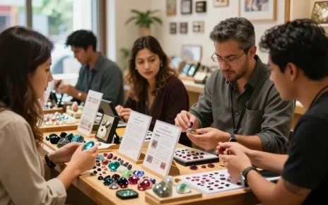 Gemstone enthusiasts exploring quality offerings at https://www.mygemspot.com in a vibrant marketplace.