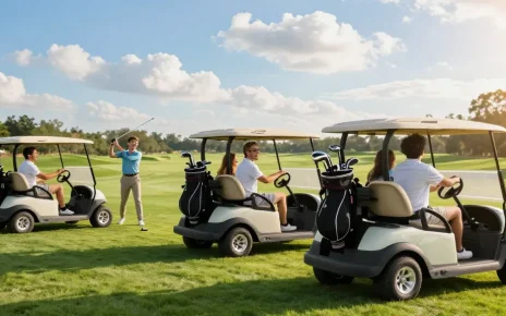 EZGO golf cart for sale with friends enjoying a day on the golf course.