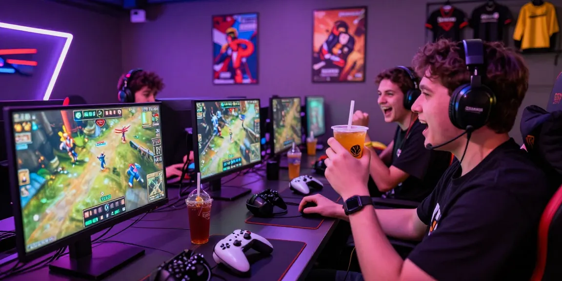 Exciting esports tournament scene featuring sunwin, gamers celebrating with drinks and snacks.